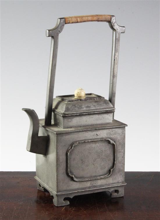 A Chinese pewter rectangular teapot, 19th century, height 21cm, faults